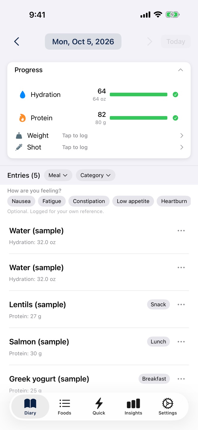 Diary screen listing sample entries for the day with protein and hydration progress bars